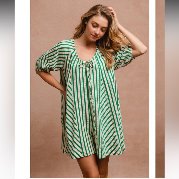 BiBi Pants - 533. Striped puff sleeve romper in jade green
